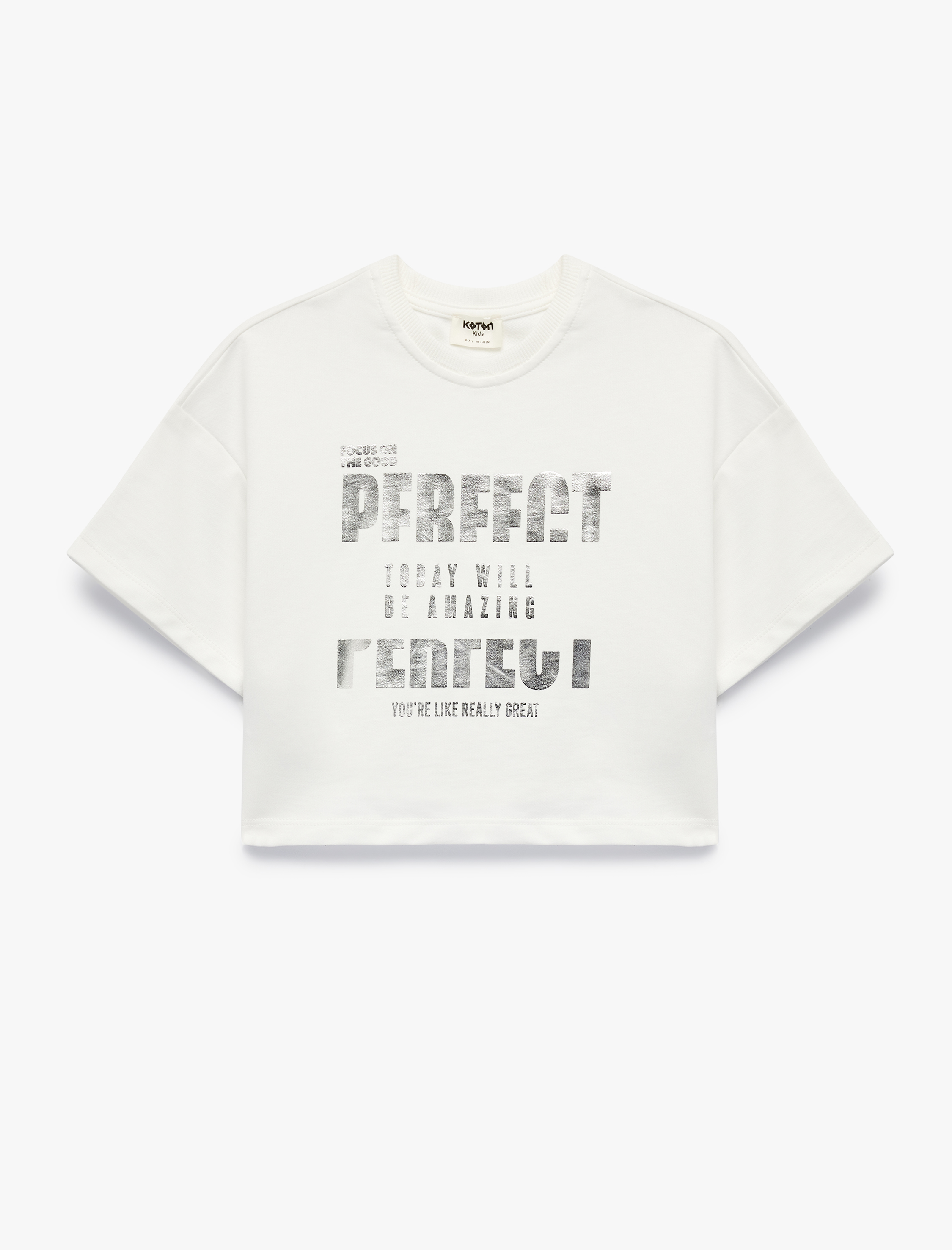  Kız Çocuk Pamuklu Kısa Kollu Bisiklet Yaka Baskılı Crop Tişört