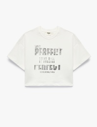 Pamuklu Kısa Kollu Bisiklet Yaka Baskılı Crop Tişört