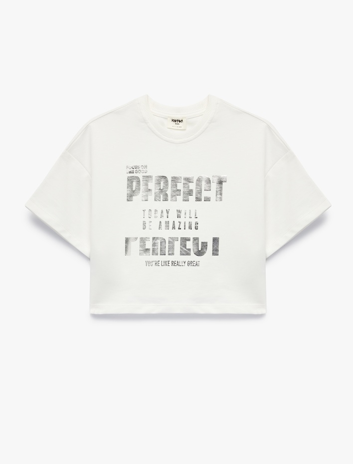 Kız Çocuk Pamuklu Kısa Kollu Bisiklet Yaka Baskılı Crop Tişört