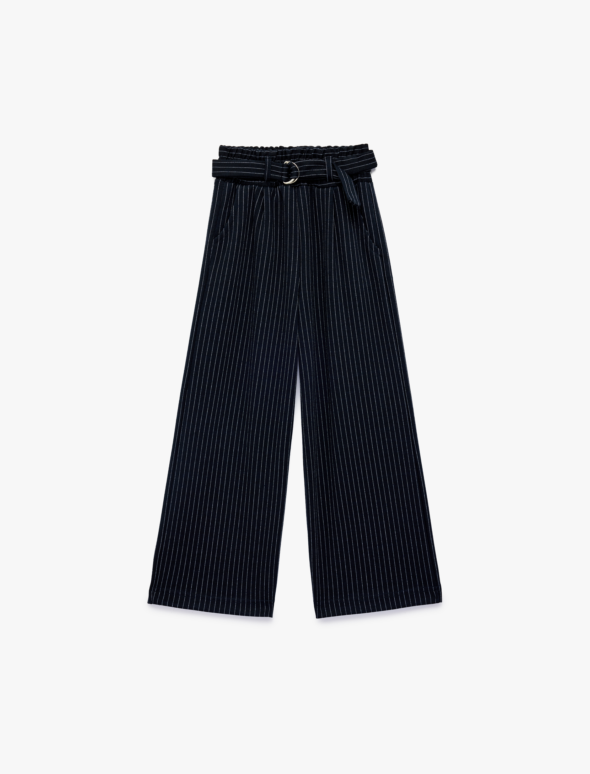  Kız Çocuk Kemer Detaylı Rahat Kalıp Çizgili Geniş Paça Pantolon