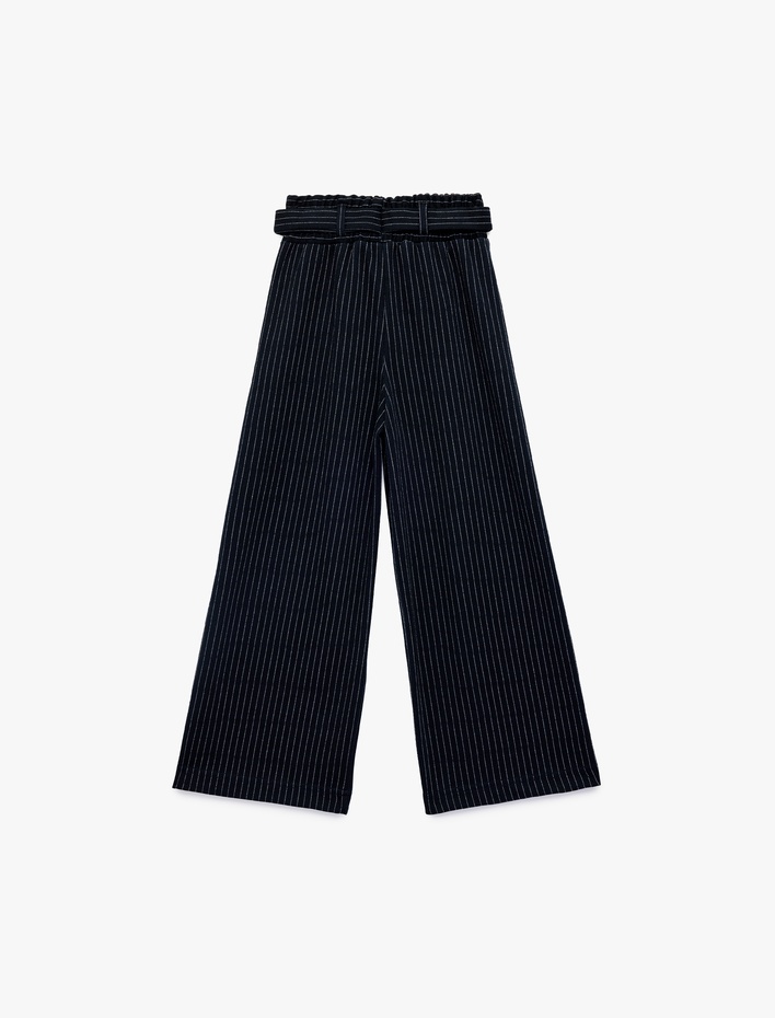 Kız Çocuk Kemer Detaylı Rahat Kalıp Çizgili Geniş Paça Pantolon