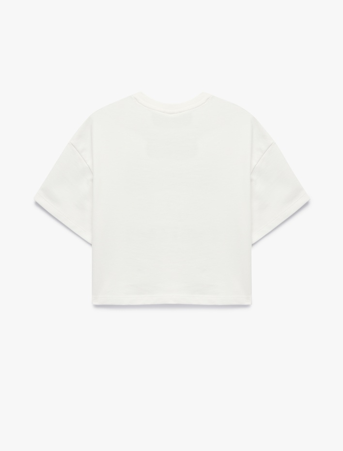 Kız Çocuk Pamuklu Kısa Kollu Bisiklet Yaka Baskılı Crop Tişört