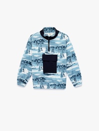 Uzun Kollu Yarım Fermuarlı Desenli Cep Detaylı Dik Yaka Polar Sweatshirt