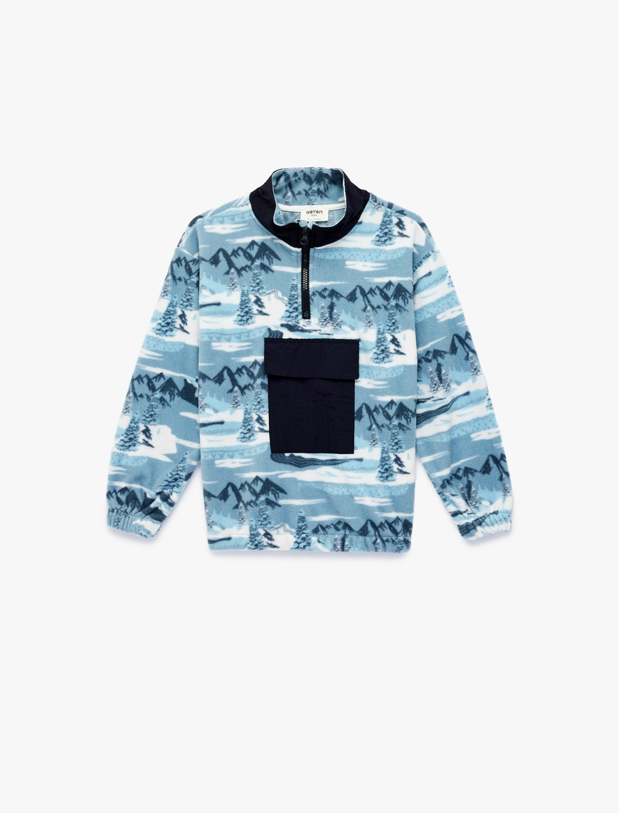 Koton Uzun Kollu Yarım Fermuarlı Desenli Cep Detaylı Dik Yaka Polar Sweatshirt