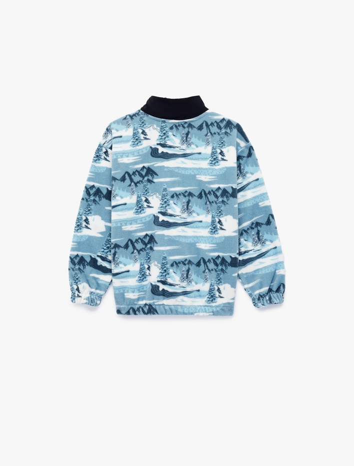 Erkek Çocuk Uzun Kollu Yarım Fermuarlı Desenli Cep Detaylı Dik Yaka Polar Sweatshirt