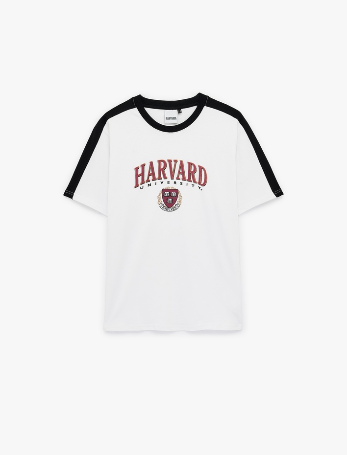  Regular Fit Kısa Kollu Renk Kontrastlı Bisiklet Yaka Baskılı Harvard Lisanslı Tişört