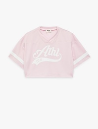 V Yaka Kısa Kollu Bisiklet Yaka Baskılı Crop Tişört