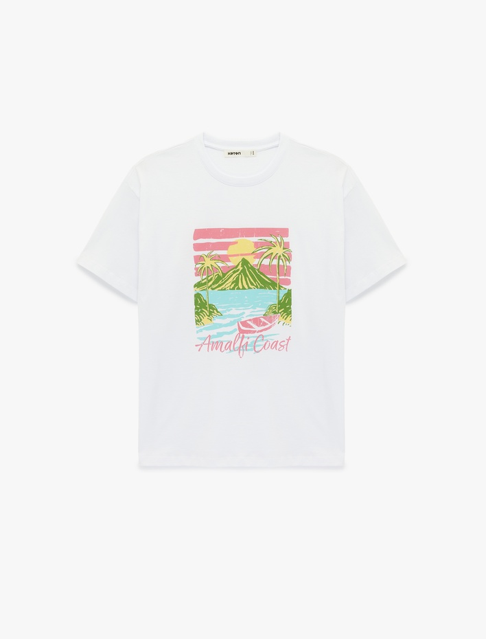  Pamuklu Kısa Kollu Bisiklet Yaka Amalfi Baskılı Tişört