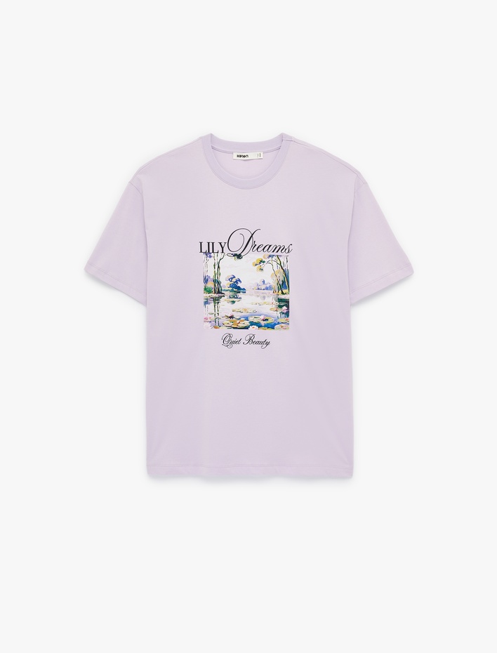  Pamuklu Kısa Kollu Bisiklet Yaka Baskılı Tişört