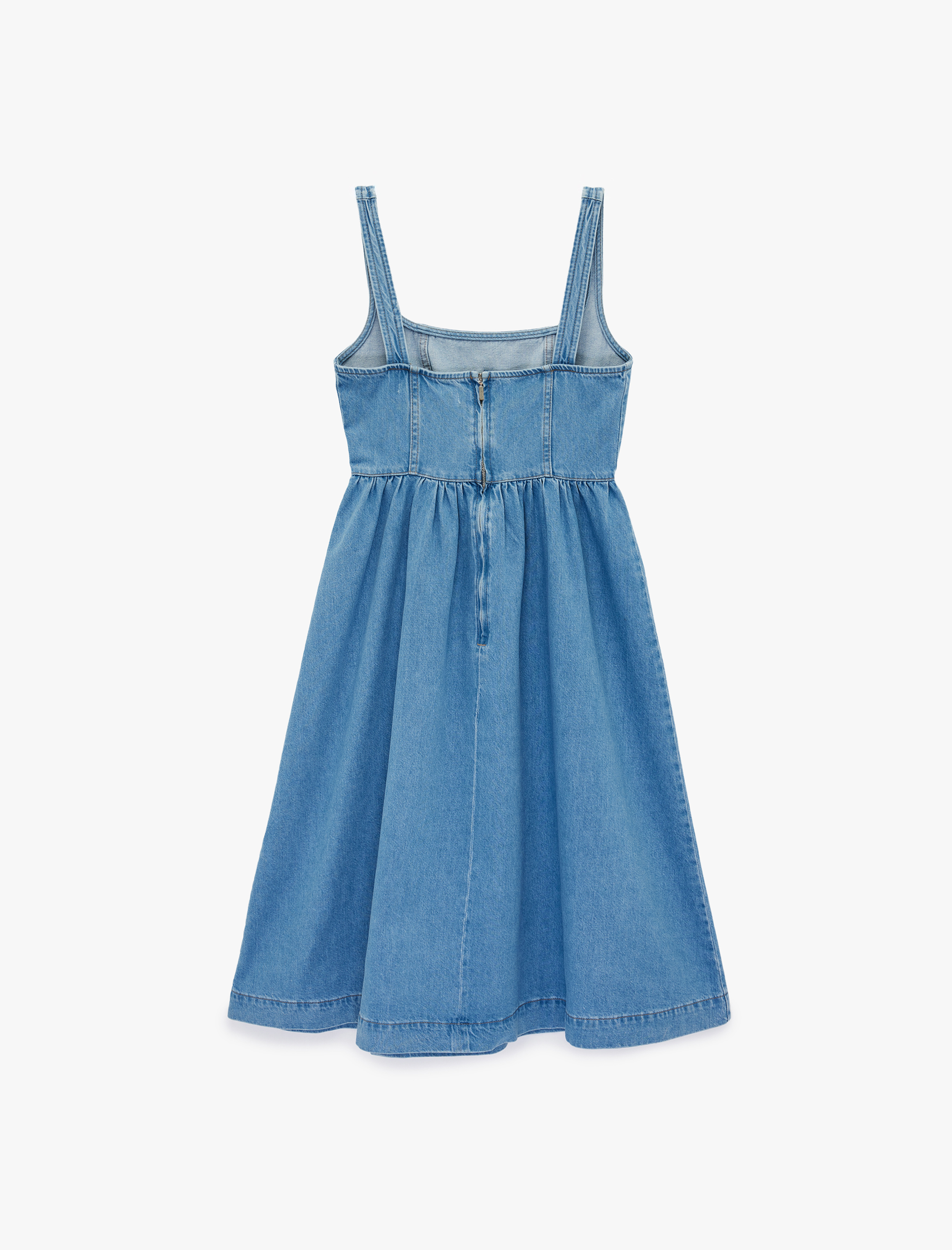   Volanlı Kare Yaka Kolsuz Midi Denim Elbise