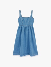 Volanlı Kare Yaka Kolsuz Midi Denim Elbise