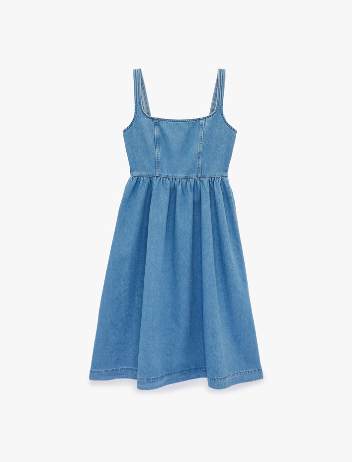  Volanlı Kare Yaka Kolsuz Midi Denim Elbise