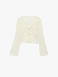 Slim Fit Dokulu Bağlama Detaylı Uzun Kollu V Yaka Bluz