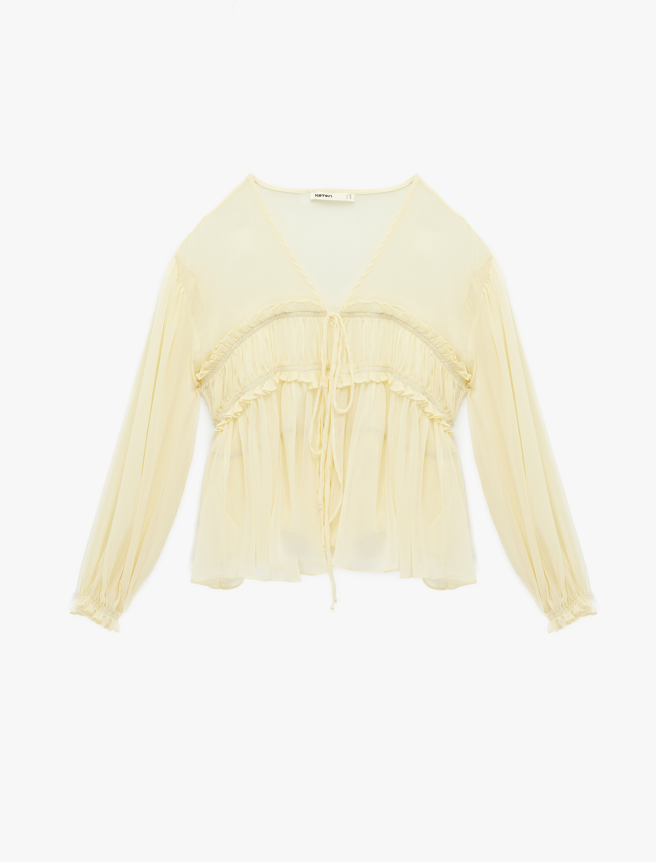   Uzun Kollu Fırfırlı Önden Bağlama Detaylı Transparan Şifon Bluz