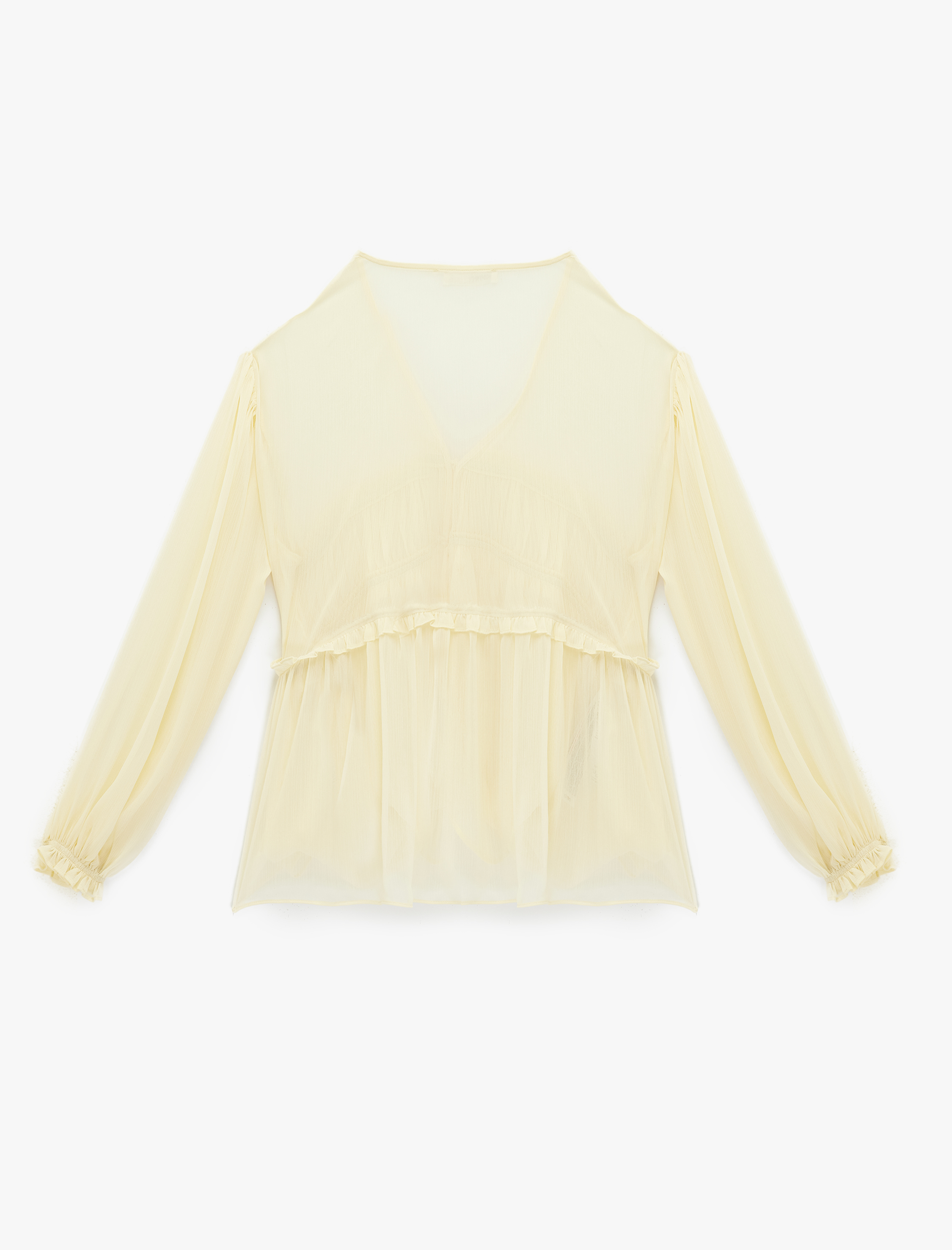   Uzun Kollu Fırfırlı Önden Bağlama Detaylı Transparan Şifon Bluz