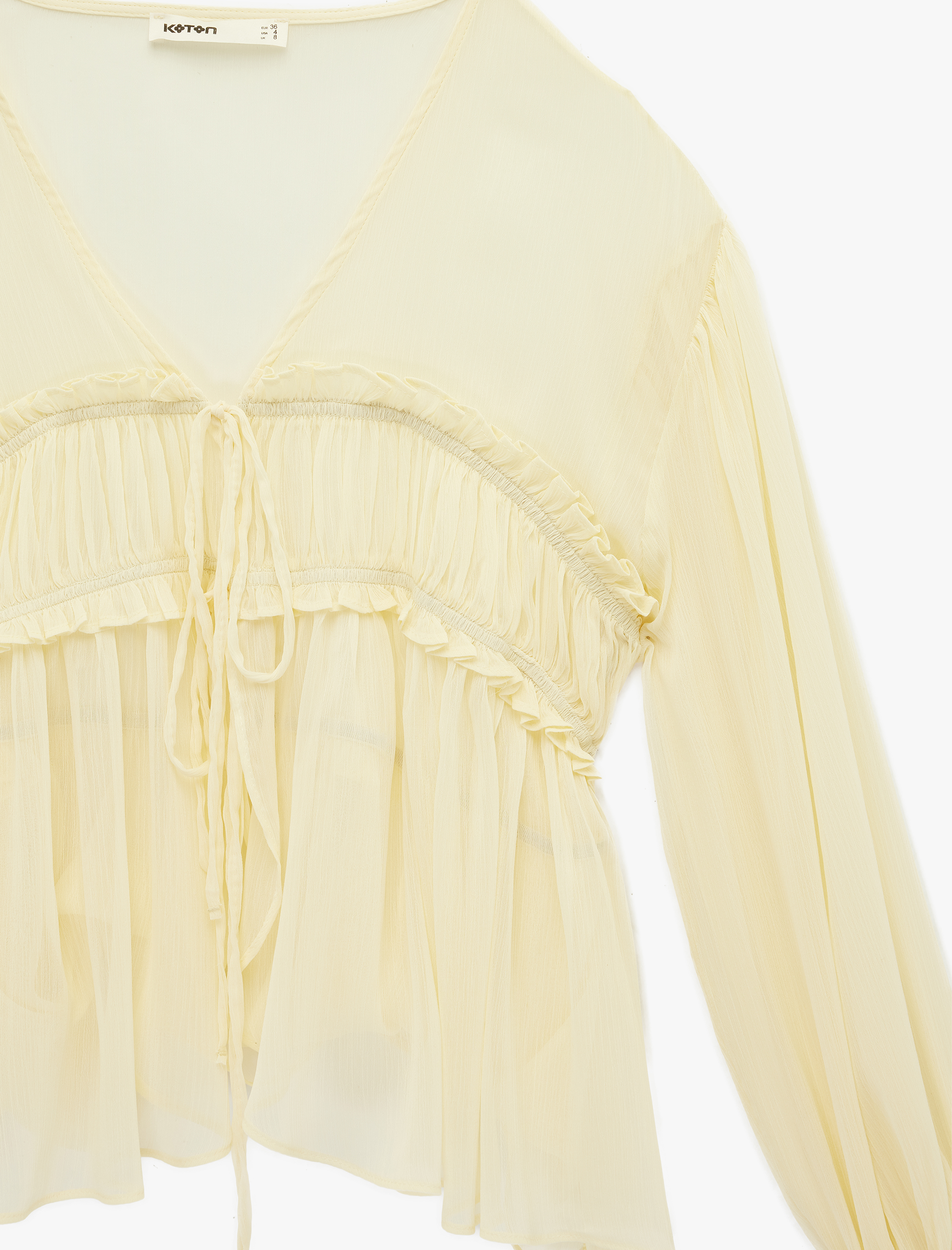   Uzun Kollu Fırfırlı Önden Bağlama Detaylı Transparan Şifon Bluz