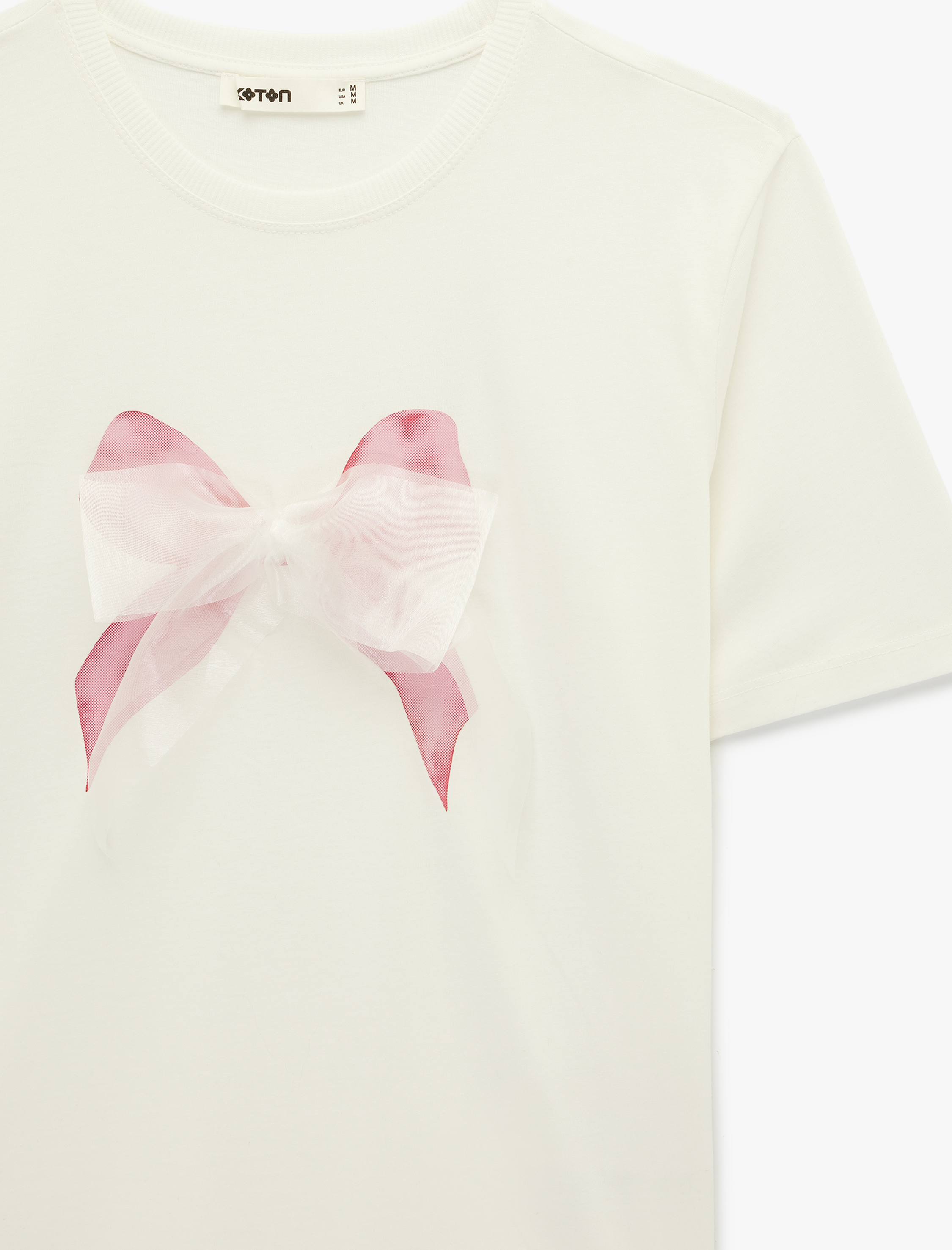   Pamuklu Kısa Kollu Bisiklet Yaka Fiyonk Aplike Detaylı Tişört