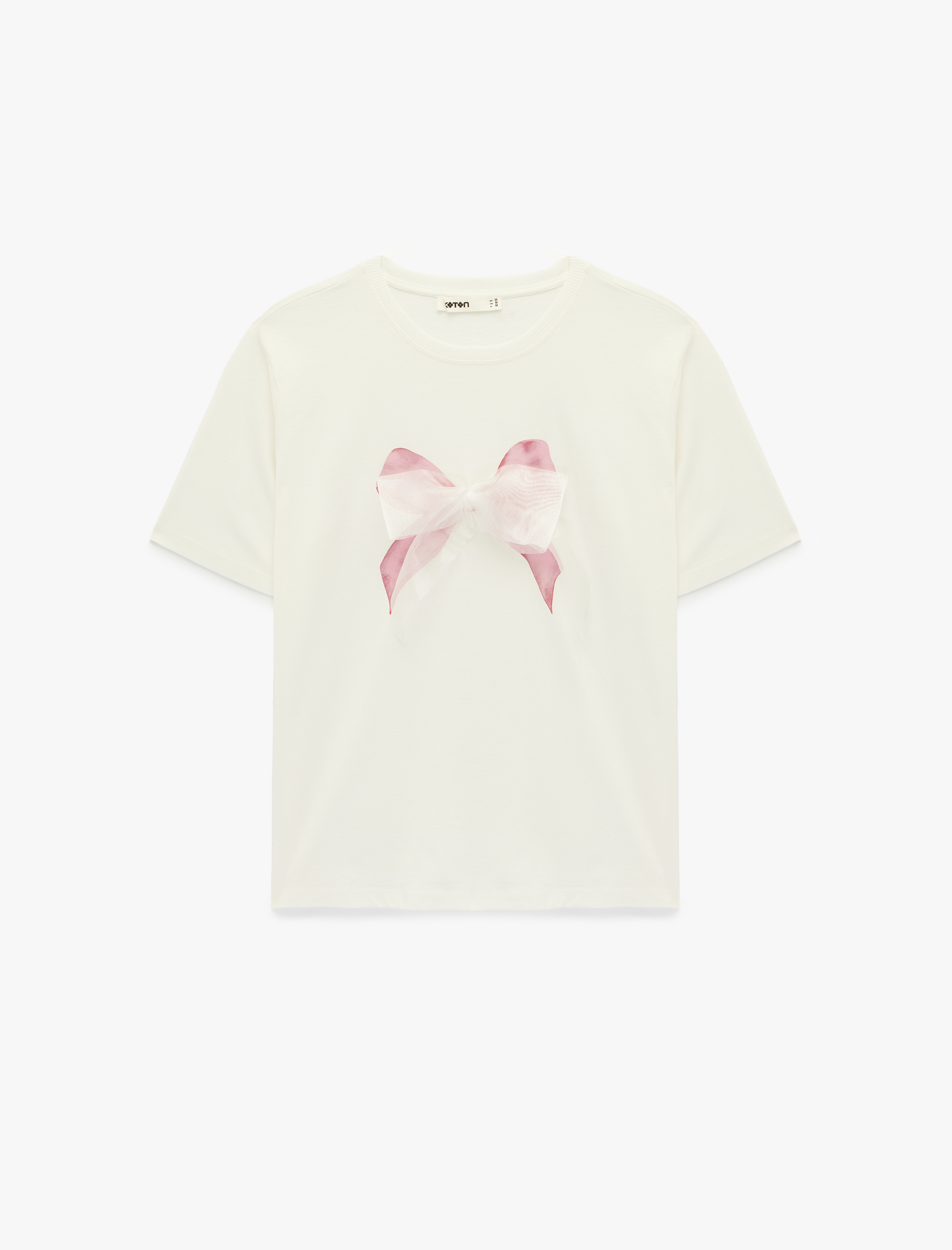   Pamuklu Kısa Kollu Bisiklet Yaka Fiyonk Aplike Detaylı Tişört