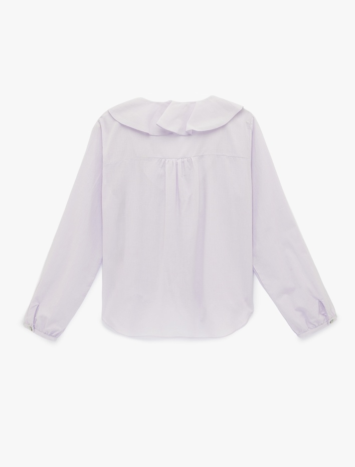  Volanlı Fırfırlı V Yaka Uzun Kollu Pamuklu Gömlek