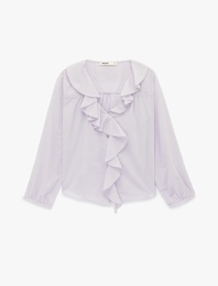 Volanlı Fırfırlı V Yaka Uzun Kollu Pamuklu Gömlek