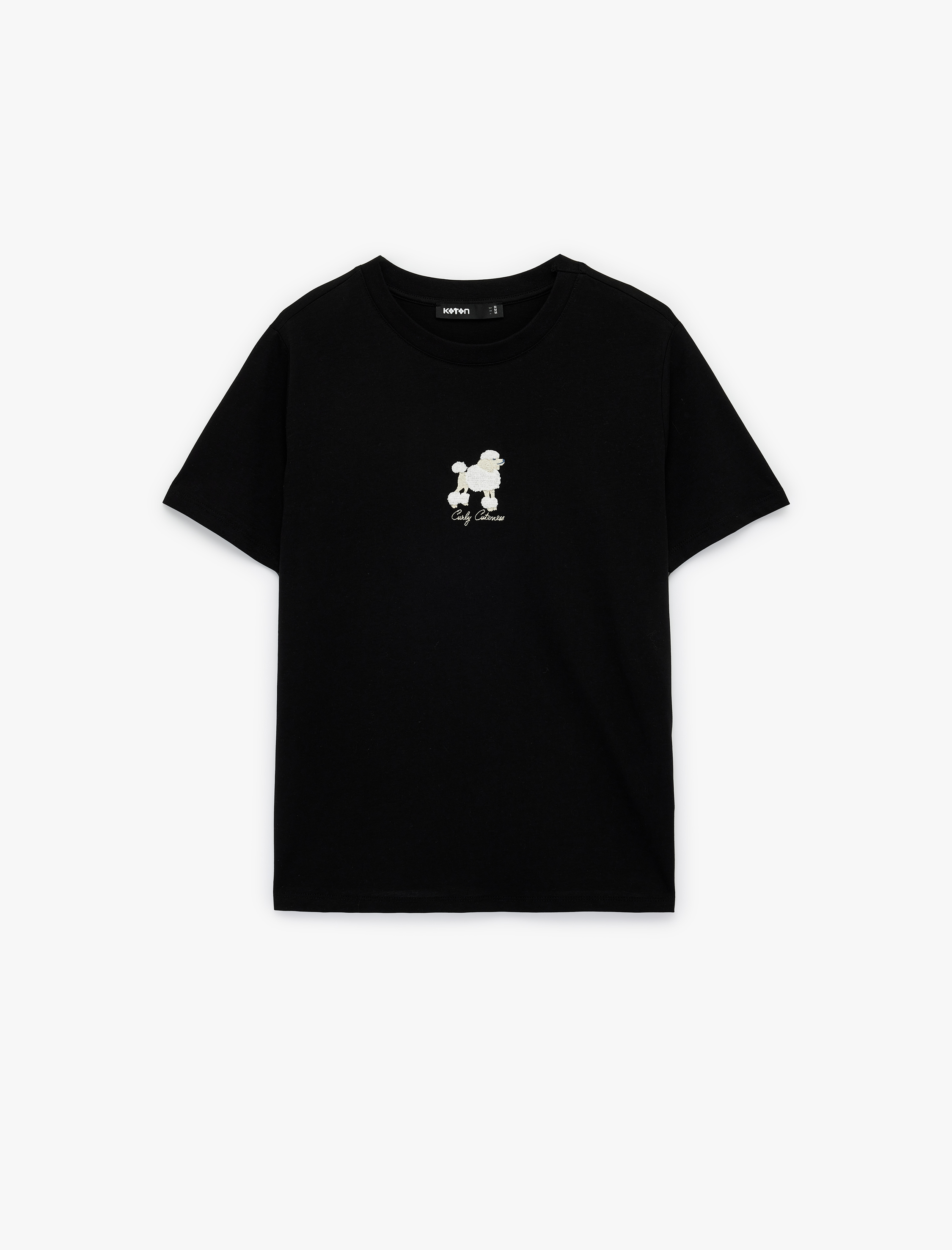   Kısa Kollu Bisiklet Yaka Pamuklu Köpek Nakış Detaylı Tişört