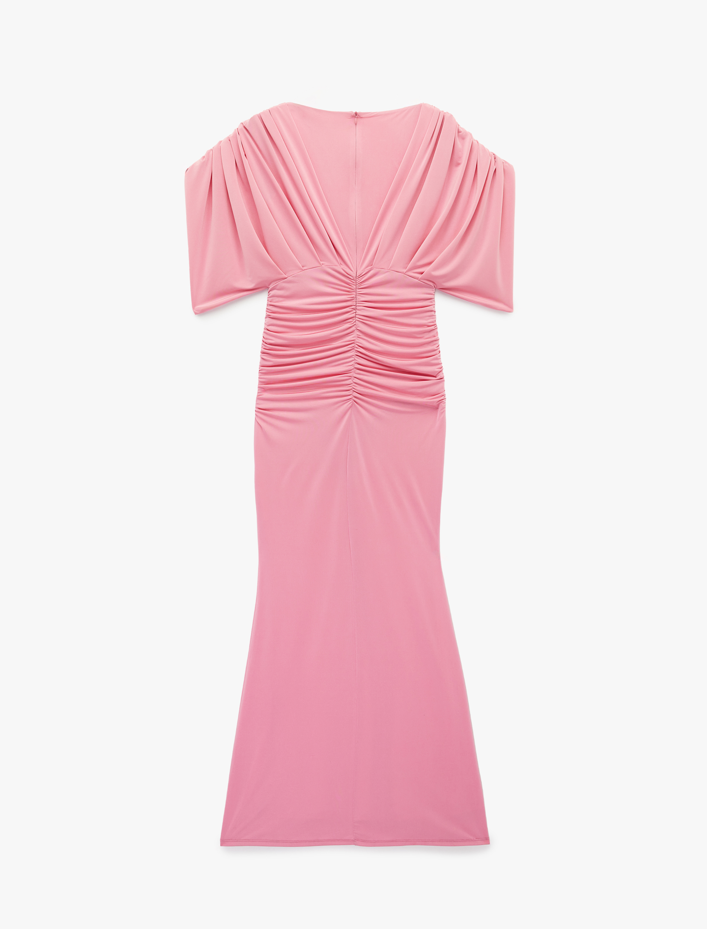   Slim Fit Derin V Yaka Drapeli Yarasa Kol Uzun Abiye Elbise