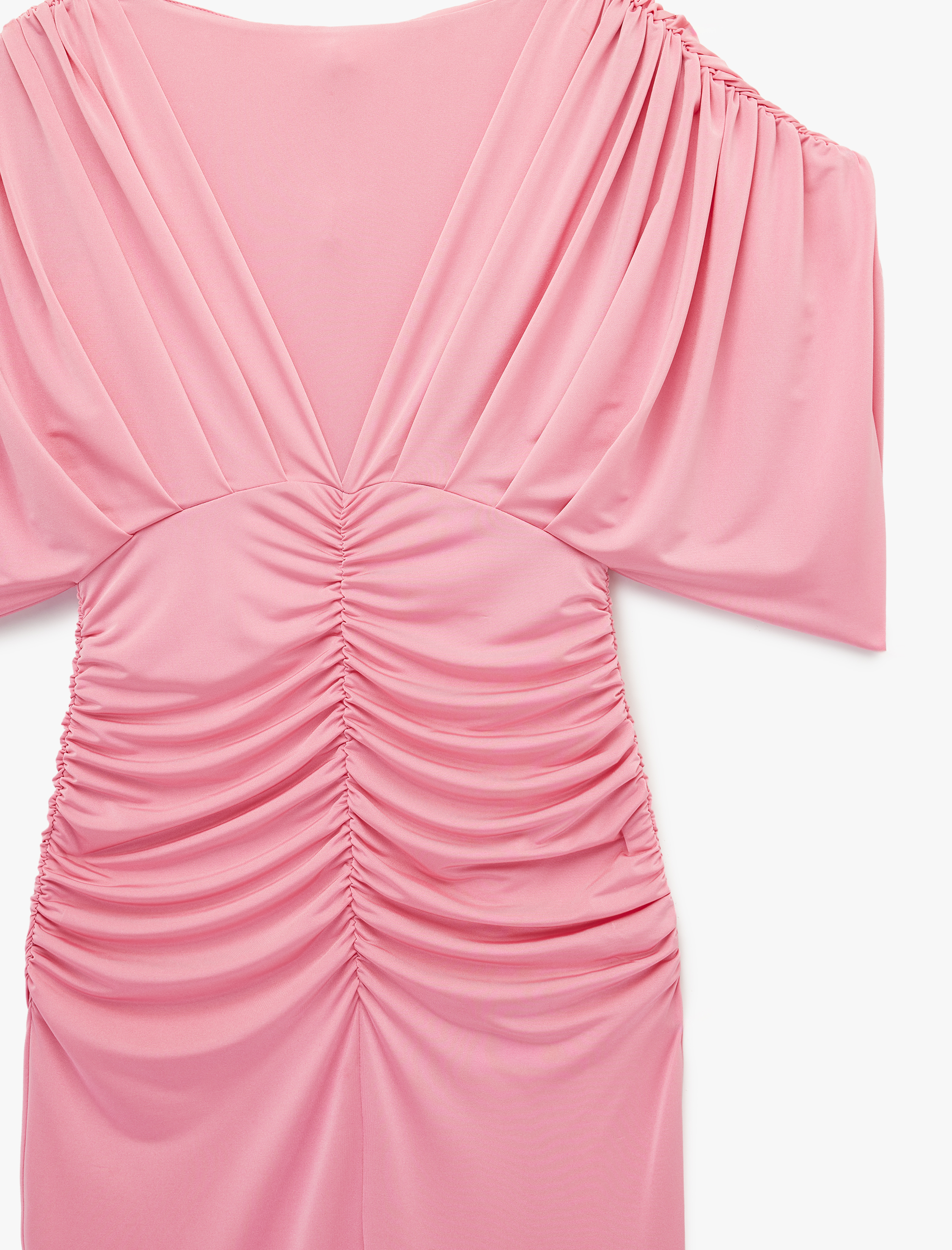   Slim Fit Derin V Yaka Drapeli Yarasa Kol Uzun Abiye Elbise