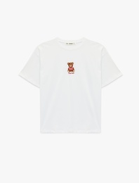 Kısa Kollu Ayıcık Nakışlı Bisiklet Yaka Oversize Tişört