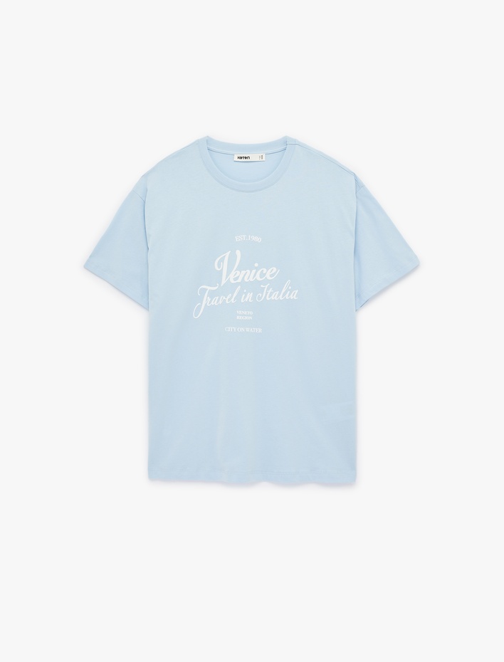  Kısa Kollu Bisiklet Yaka Baskılı Oversize Tişört