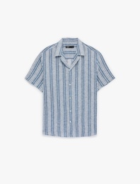 Regular Fit Düğmeli Apaş Yaka Viskon Keten Karışımlı Kısa Kollu Gömlek