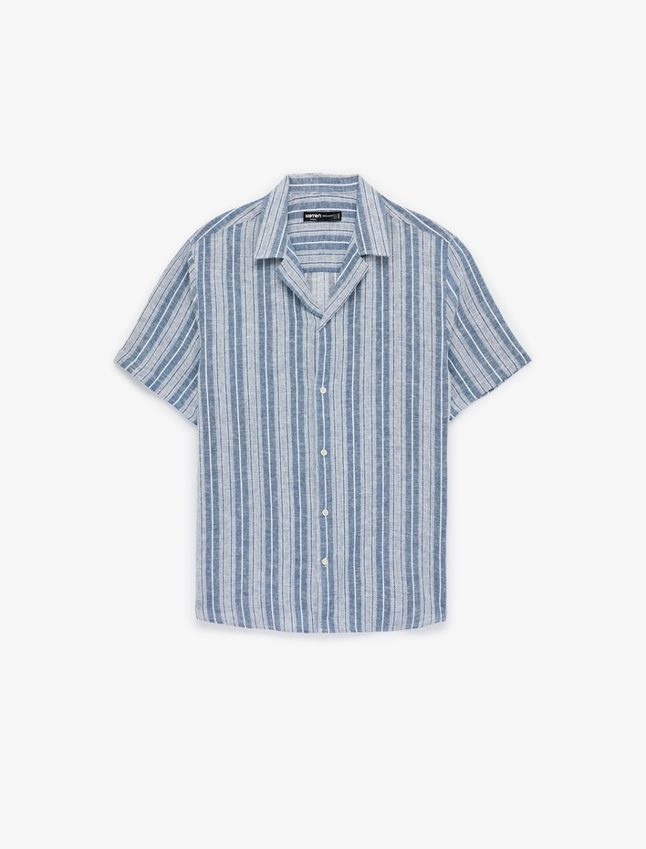  Regular Fit Düğmeli Apaş Yaka Viskon Keten Karışımlı Kısa Kollu Gömlek