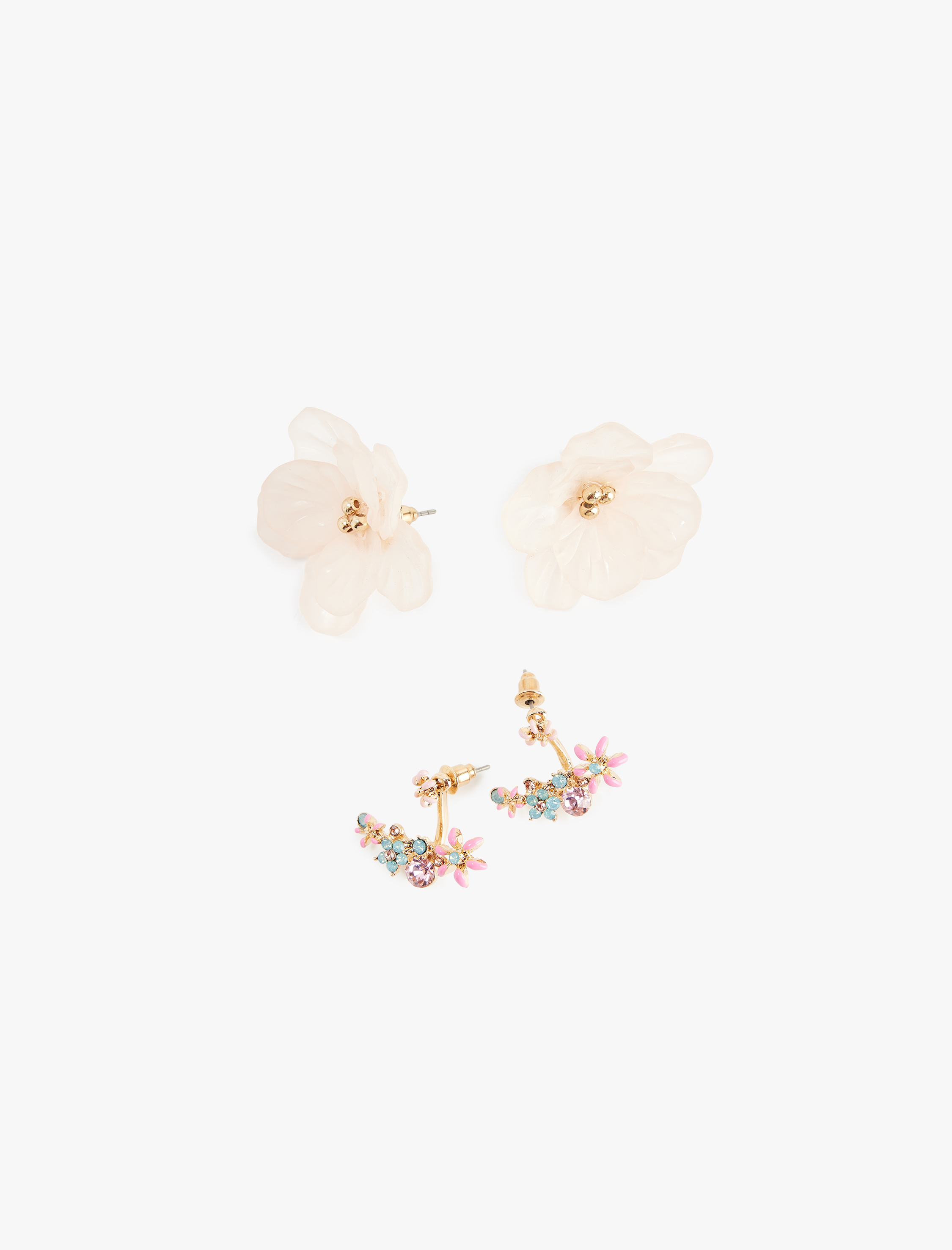  Kadın Taş Detaylı Çok Renkli Çiçekli 2'li Küpe Seti