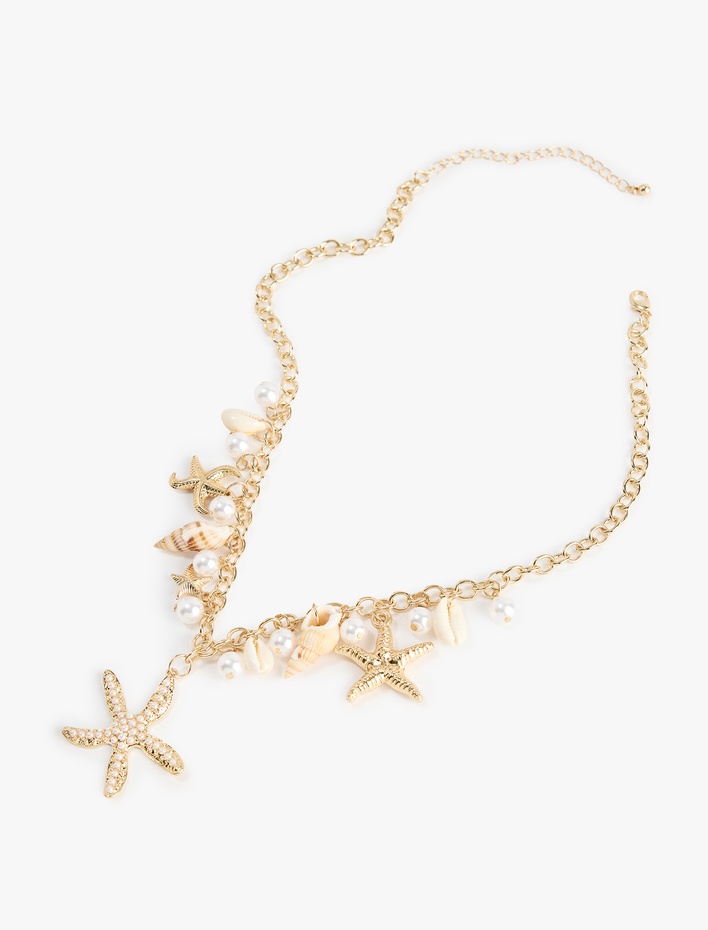 Kadın İnci Detaylı Çelik Karışımlı Deniz Kabuğu Charmlı Kolye