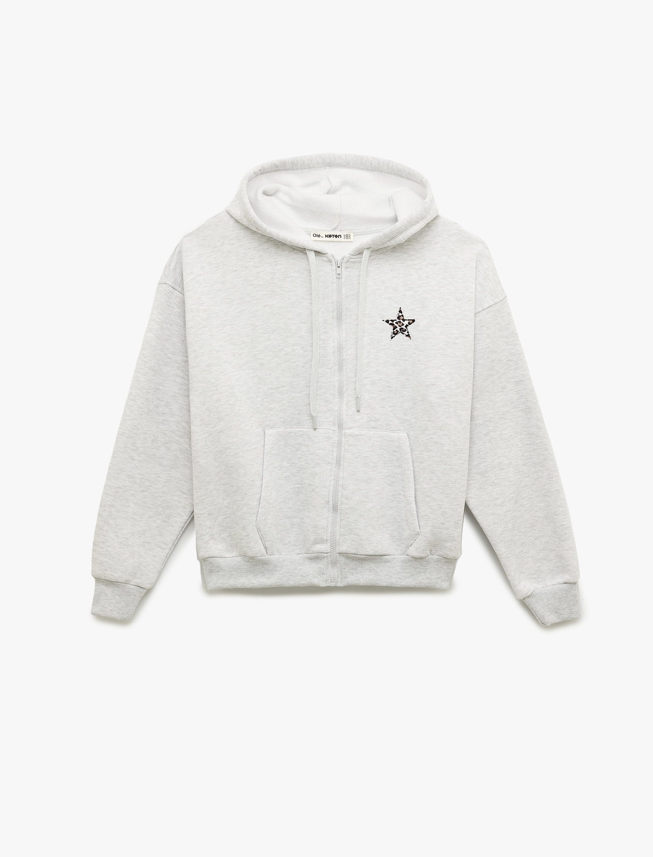   Cep Detaylı Yıldız İşlemeli Kapüşonlu Fermuarlı Oversize Sweatshirt