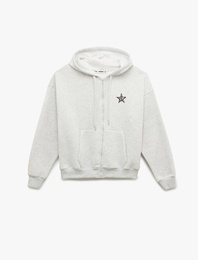 Cep Detaylı Yıldız İşlemeli Kapüşonlu Fermuarlı Oversize Sweatshirt