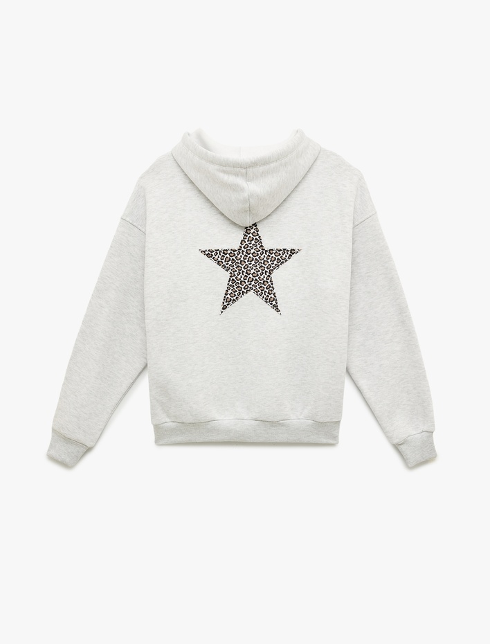  Cep Detaylı Yıldız İşlemeli Kapüşonlu Fermuarlı Oversize Sweatshirt