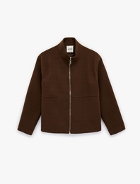 Uzun Kollu Fermuarlı Cepli Dik Yaka Kaşe Ceket