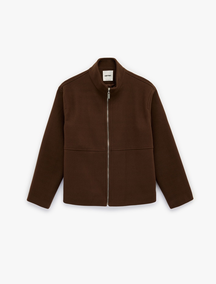  Uzun Kollu Fermuarlı Cepli Dik Yaka Kaşe Ceket