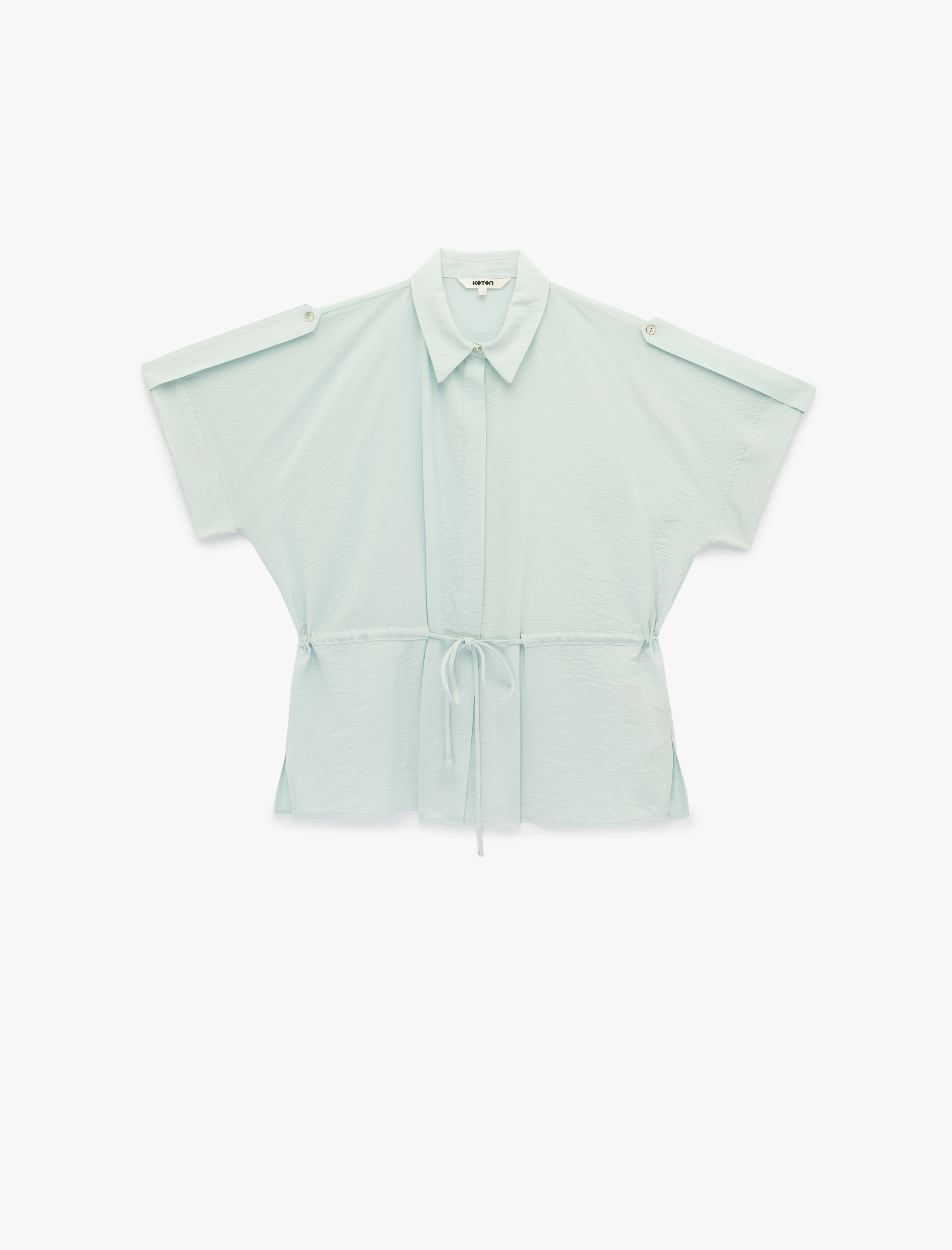   Apolet Detaylı Belden Bağlama Detaylı Kısa Kollu Düğmeli Gömlek