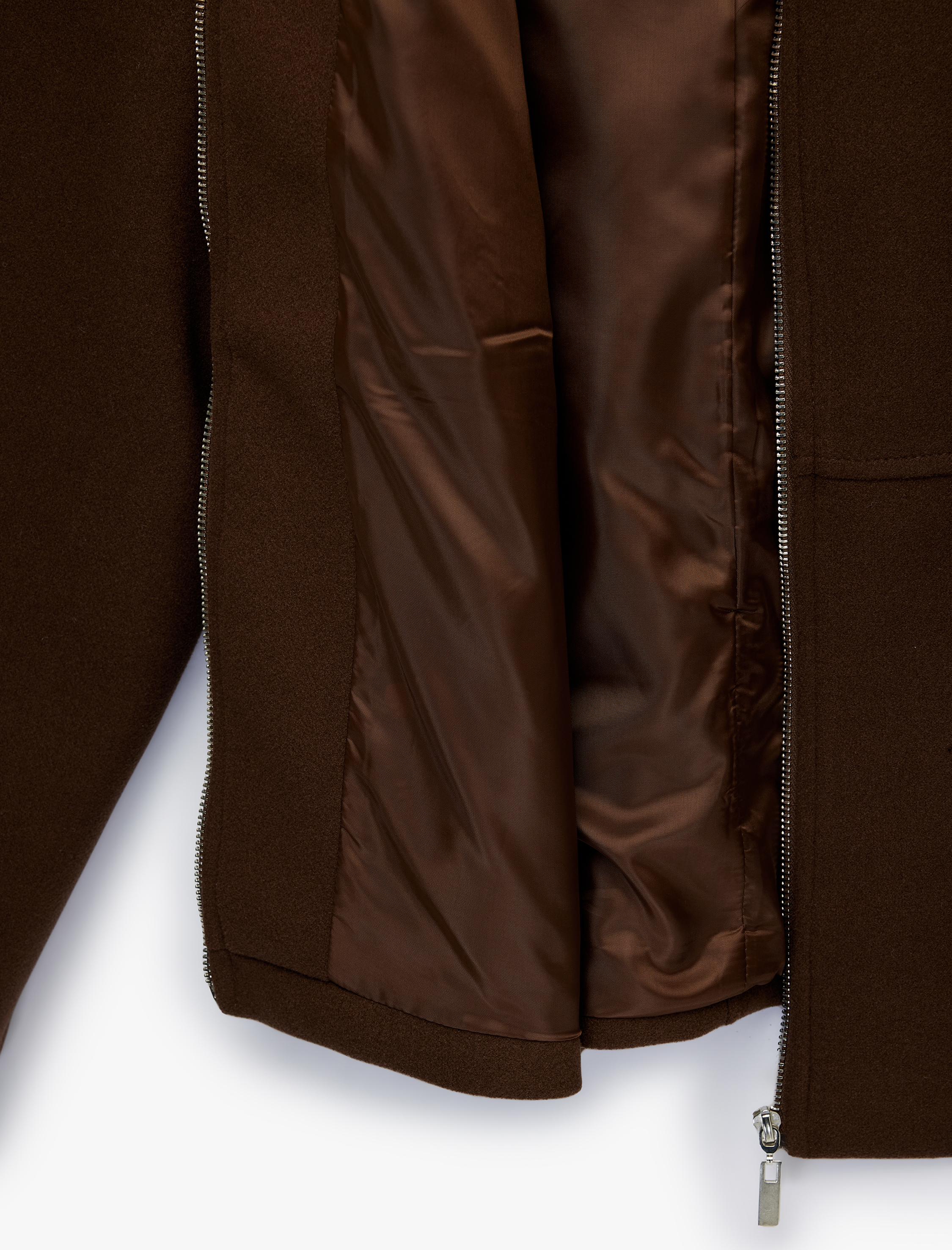   Uzun Kollu Fermuarlı Cepli Dik Yaka Kaşe Ceket