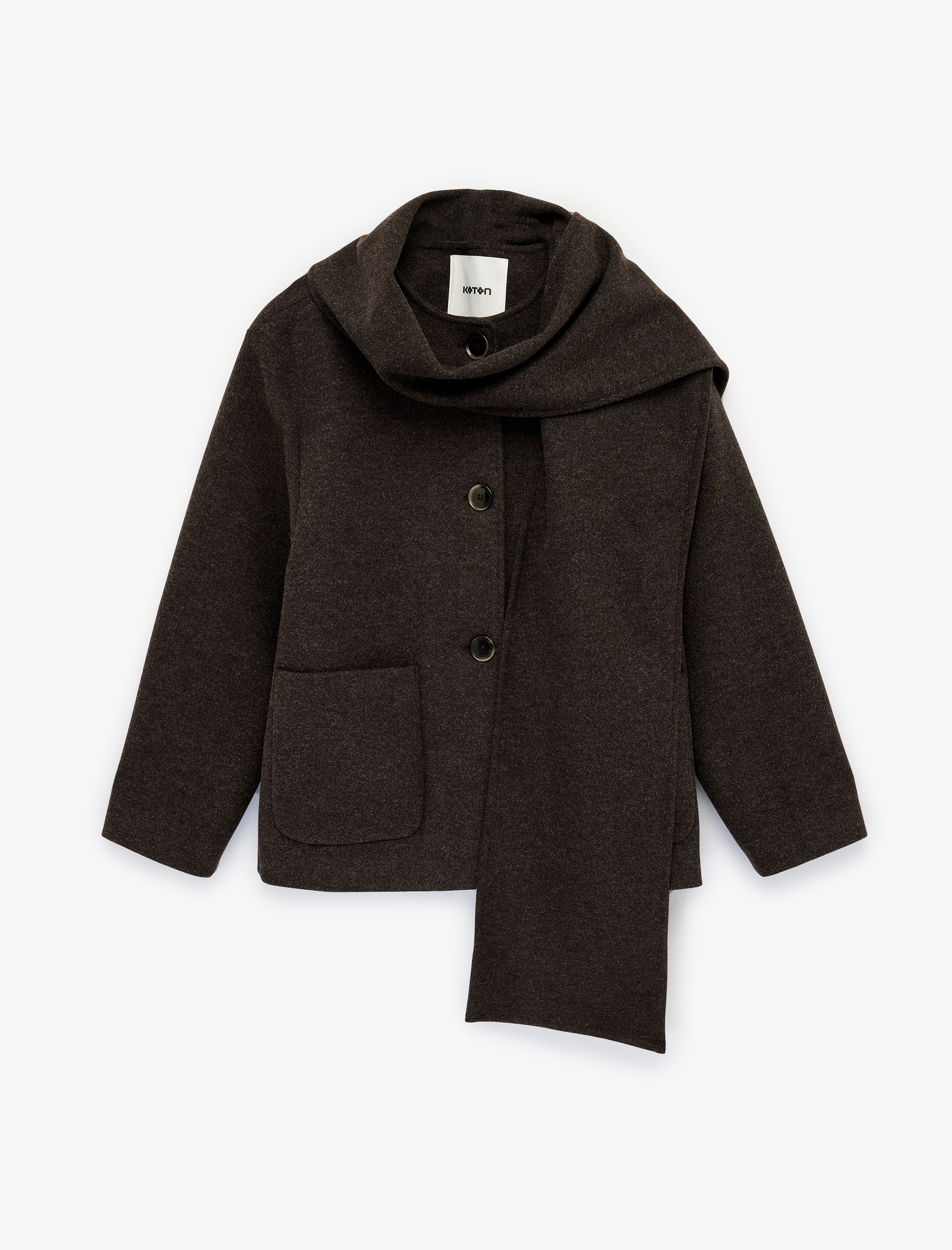   Düğmeli Uzun Kollu Cepli Atkılı Kaşe Kaban