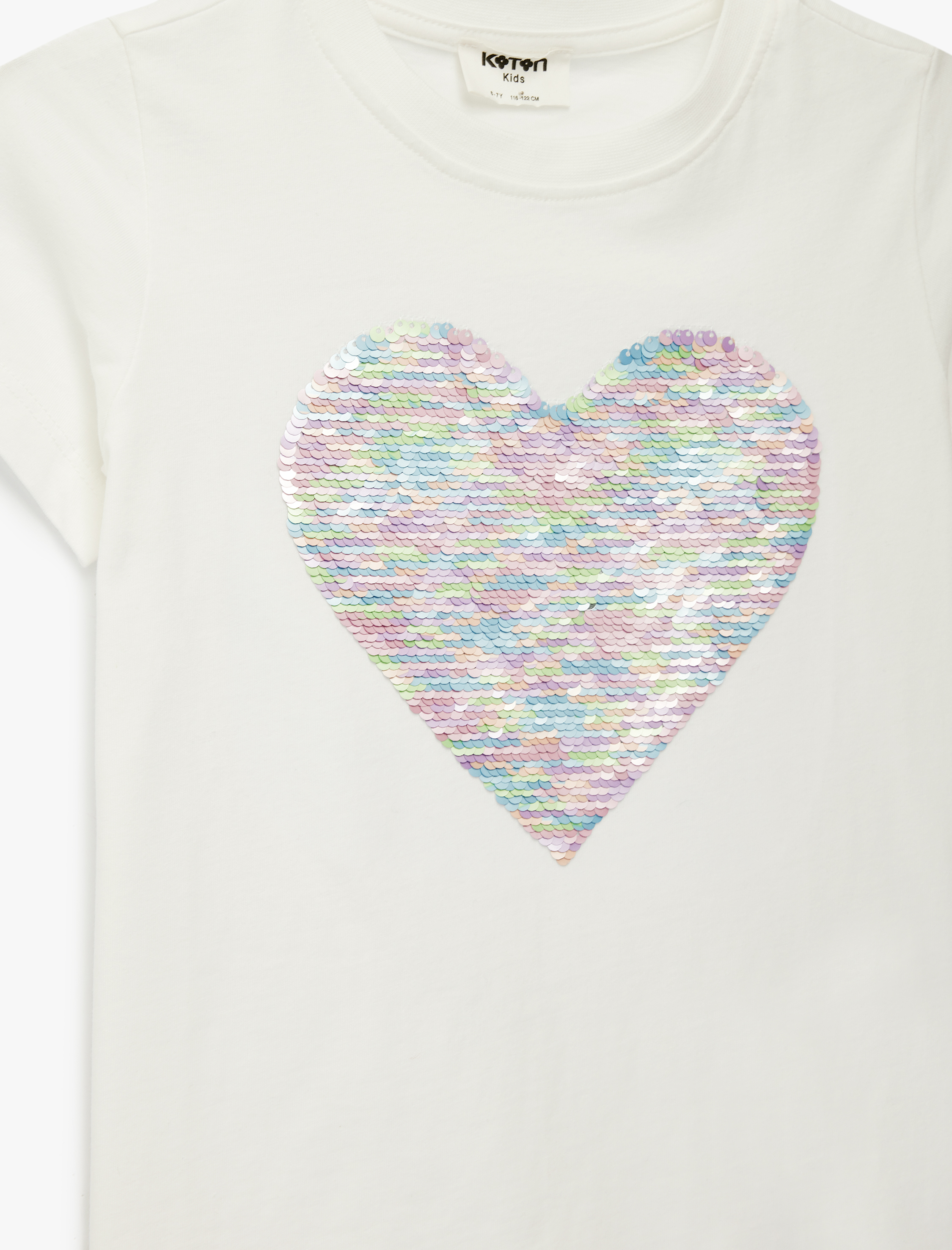 Kalp Detaylı Pullu Payetli Bisiklet Yaka Kısa Kollu Pamuklu Tişört - Görsel 6