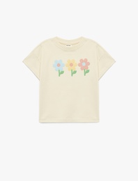 Kısa Kollu Bisiklet Yaka Çiçek Nakışlı Pamuklu Tişört