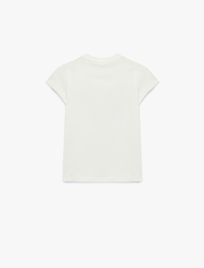 Kız Çocuk Kalp Detaylı Pullu Payetli Bisiklet Yaka Kısa Kollu Pamuklu Tişört