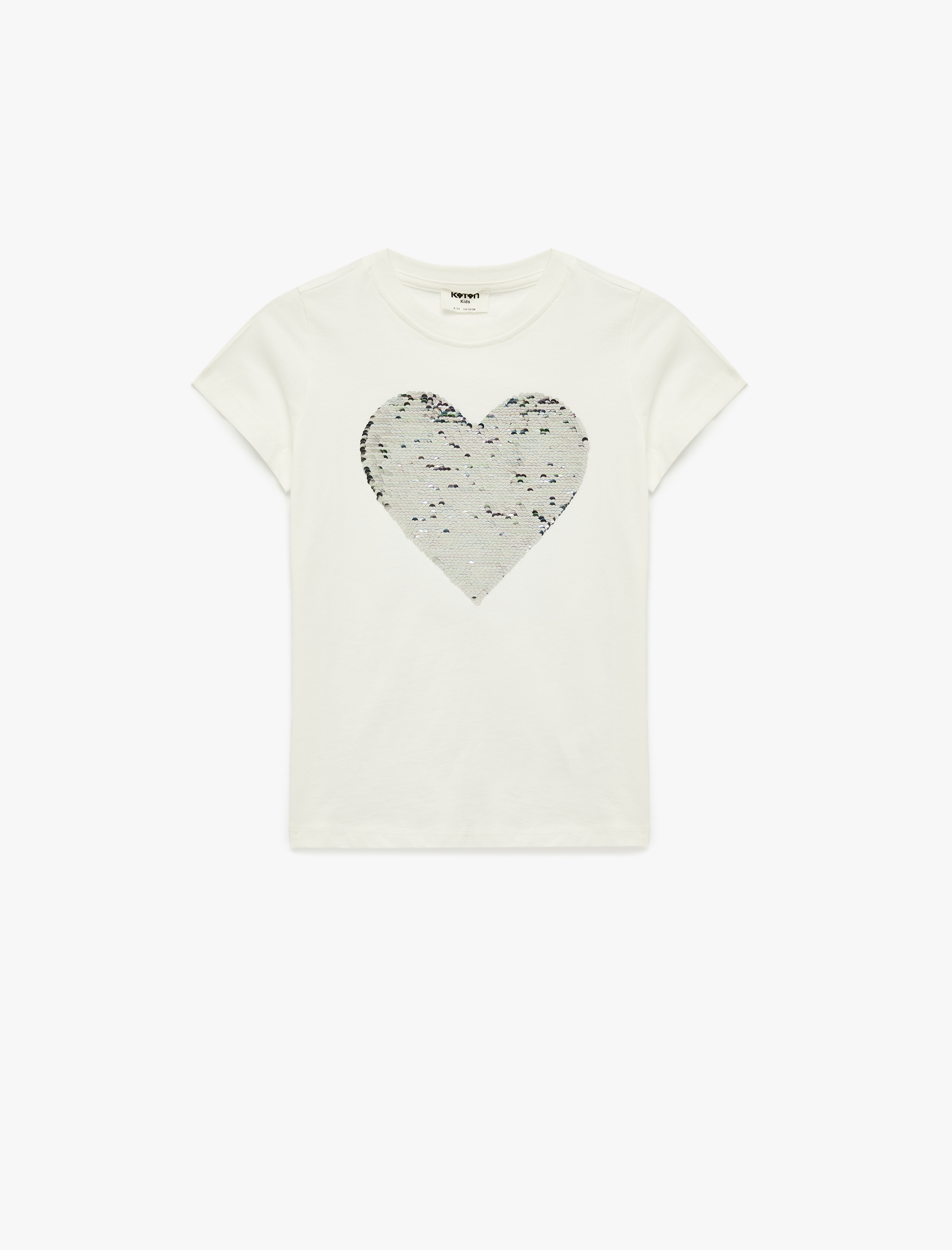  Kız Çocuk Kalp Detaylı Pullu Payetli Bisiklet Yaka Kısa Kollu Pamuklu Tişört