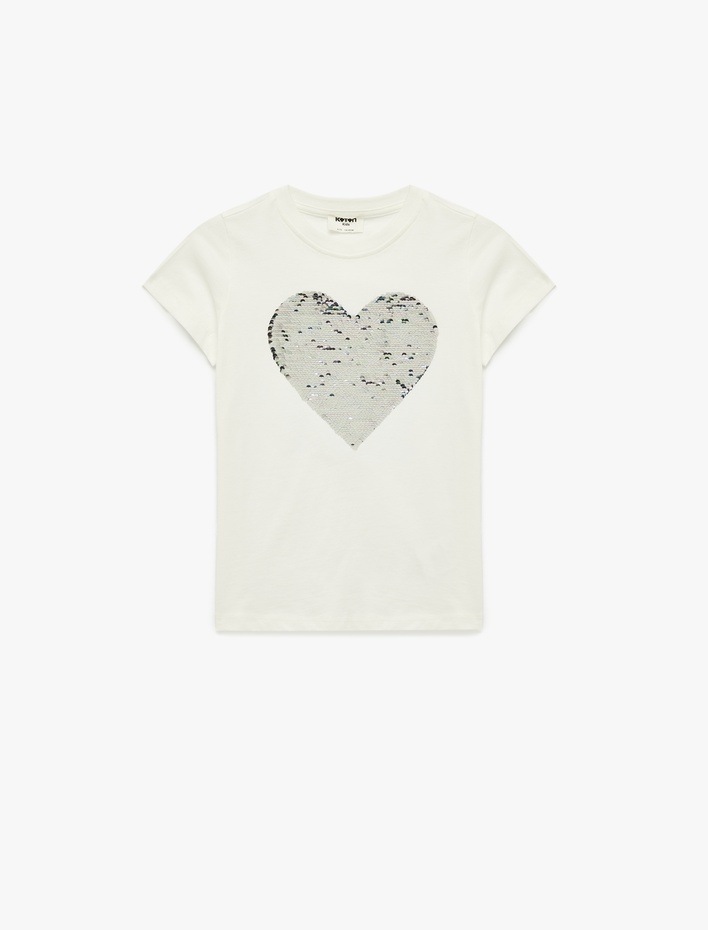Kız Çocuk Kalp Detaylı Pullu Payetli Bisiklet Yaka Kısa Kollu Pamuklu Tişört