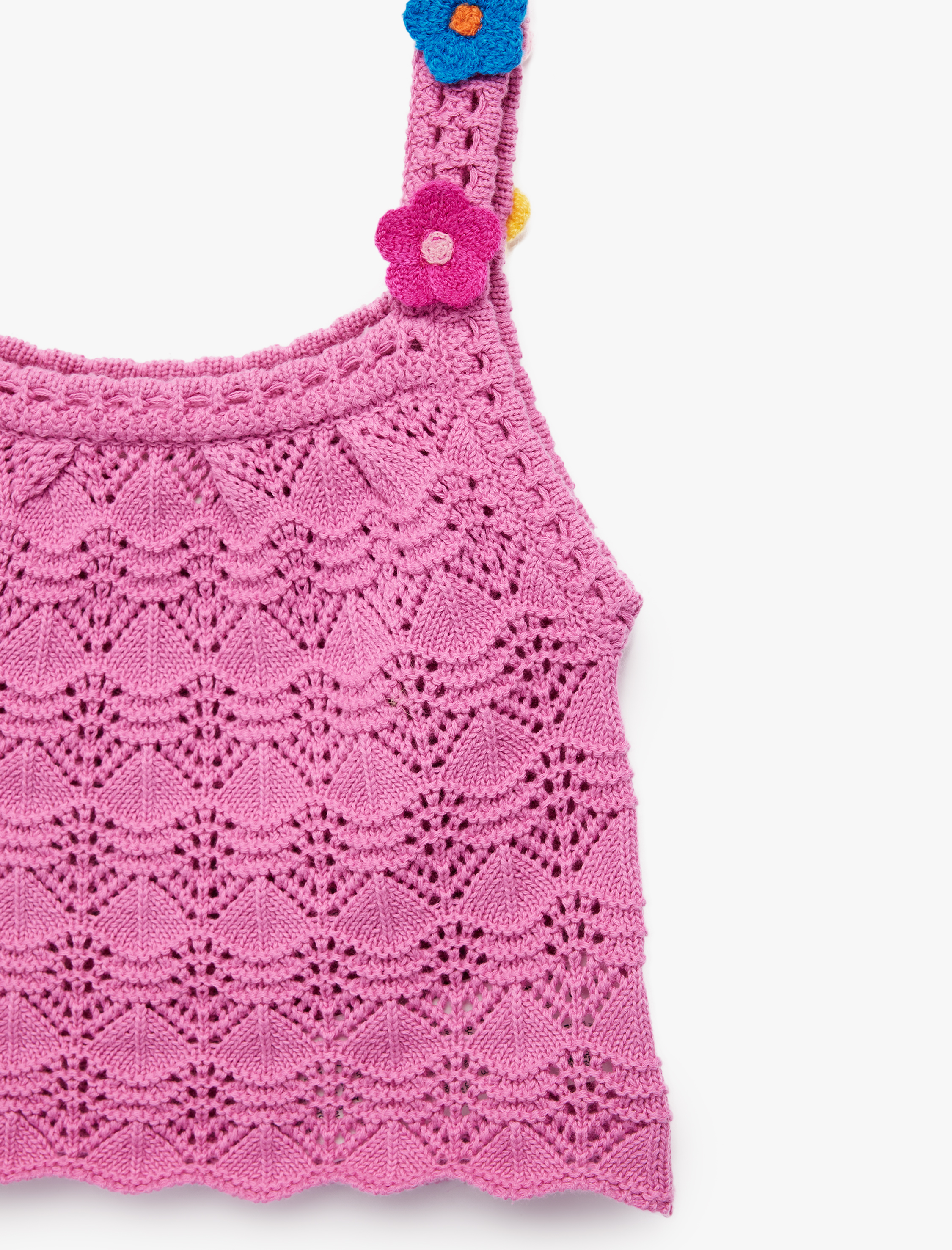  Kız Bebek Pamuklu Kare Yaka Çiçek Detaylı Askılı Triko Atlet