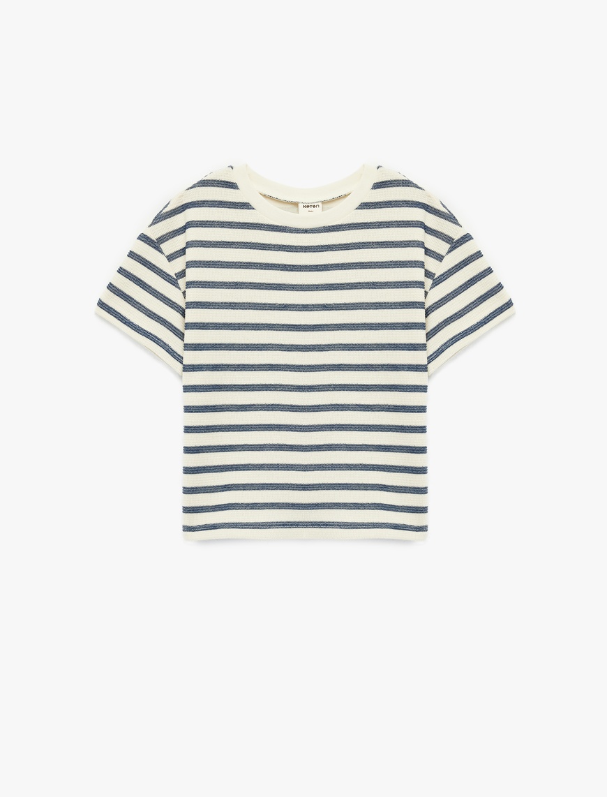 Ekru Erkek Bebek Pamuklu Kısa Kollu Bisiklet Yaka Çizgili Tişört