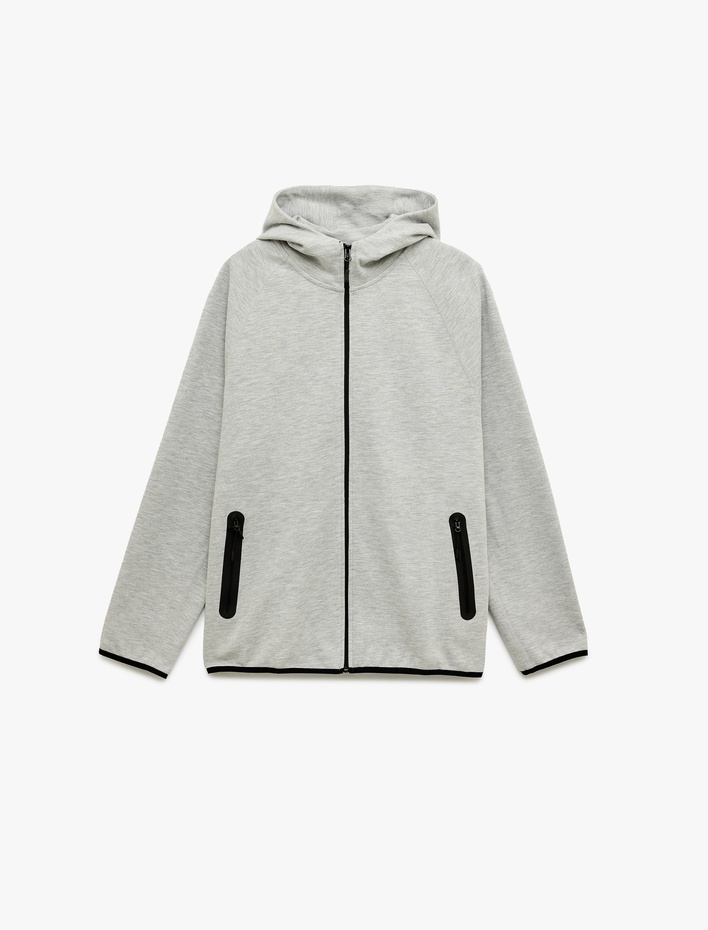  Regular Fit Uzun Kollu Fermuarlı Cepli Kapşonlu Spor Sweatshirt