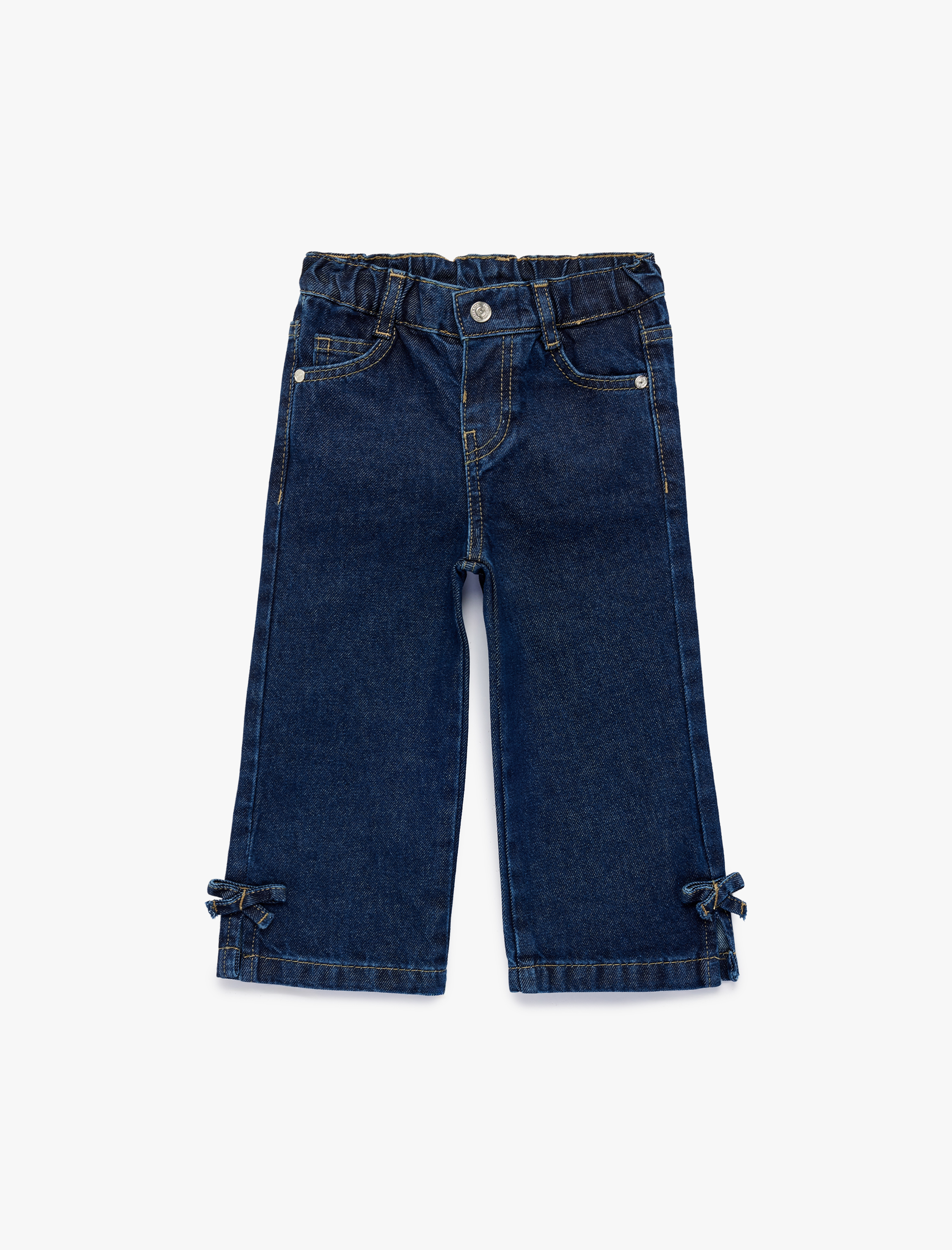  Kız Bebek Pamuklu Cep Detaylı Fiyonklu Denim Pantolon